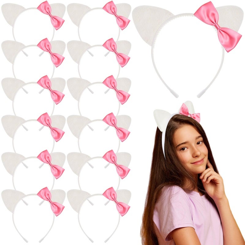 Cat Ears Headband 12-Pack: 5.5 X 5 Inches Soft Felt & Durable Plastic - Cute Bow Design Cat Ears Hair Accessory for Women, Cosplay, Birthday Parties, Spa & Photo Shoots - Image 1
