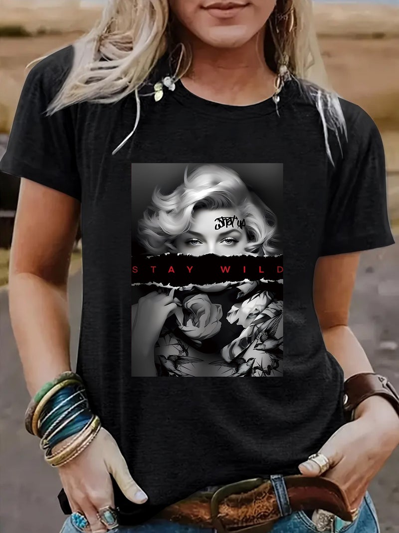 Summer Women'S Poster Pattern Round Neck Short Sleeve Casual Fashion Explosions T-Shirt - Image 5
