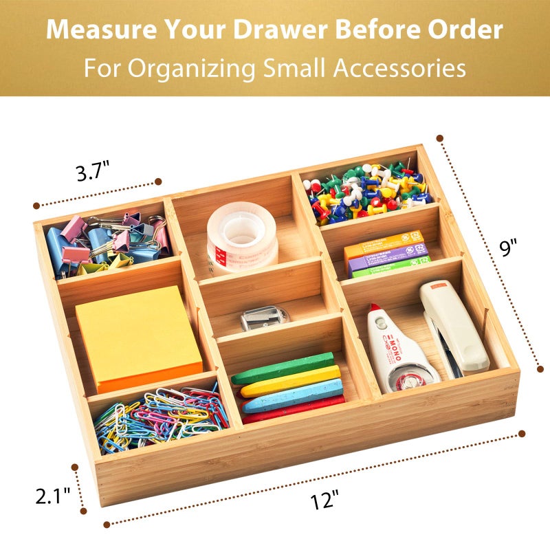 Umilife Bamboo Desk Drawer Organizer, Wood Junk Organizer Tray with Adjustable Dividers, Anti-Skip Storage Organization in Office Bathroom Drawer for Vanity, Makeup, 12" x 9" - Image 3
