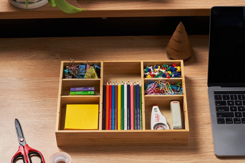 Umilife Bamboo Desk Drawer Organizer, Wood Junk Organizer Tray with Adjustable Dividers, Anti-Skip Storage Organization in Office Bathroom Drawer for Vanity, Makeup, 12" x 9" - Image 5