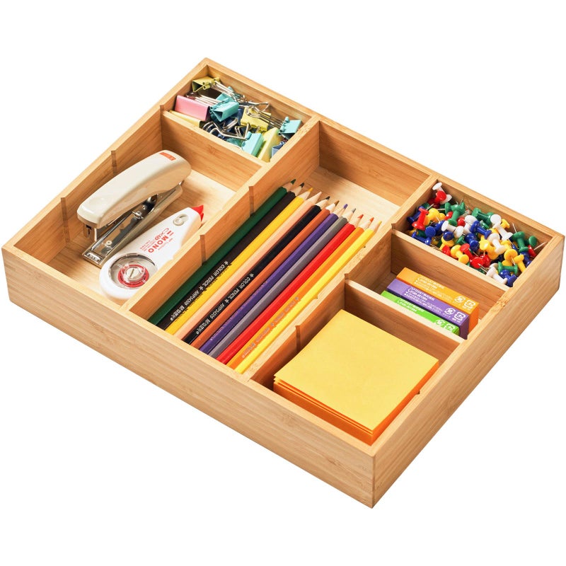 Umilife Bamboo Desk Drawer Organizer, Wood Junk Organizer Tray with Adjustable Dividers, Anti-Skip Storage Organization in Office Bathroom Drawer for Vanity, Makeup, 12" x 9" - Image 1