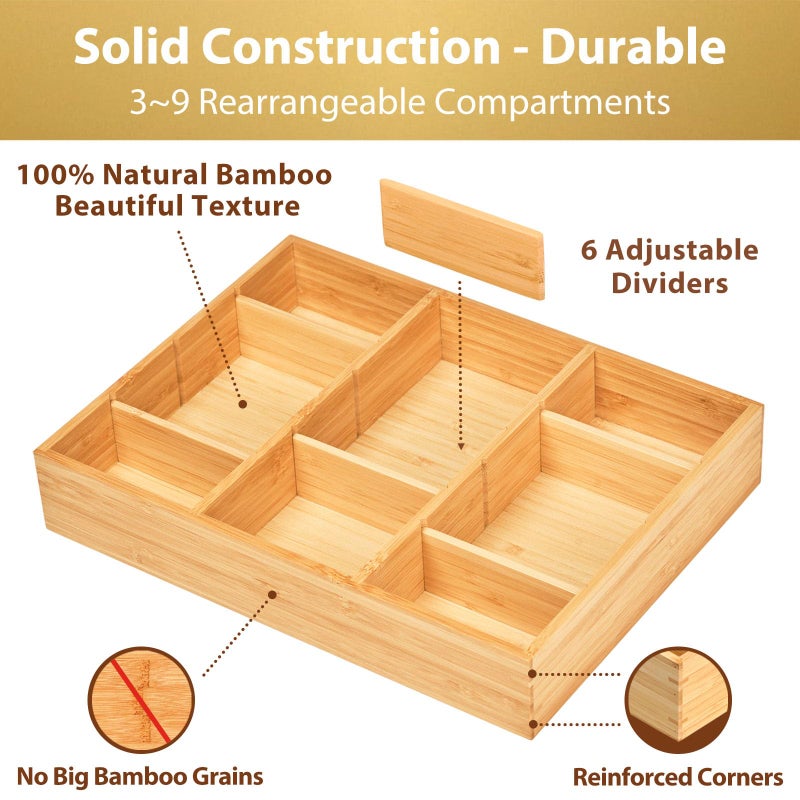 Umilife Bamboo Desk Drawer Organizer, Wood Junk Organizer Tray with Adjustable Dividers, Anti-Skip Storage Organization in Office Bathroom Drawer for Vanity, Makeup, 12" x 9" - Image 2