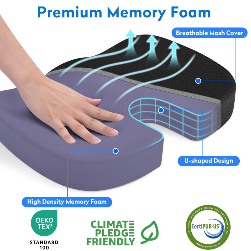 CushZone Seat Cushion - Memory Foam Office Chair Cushion for Sciatica, Tailbone & Back Pain Relief - Orthopedic Coccyx Pillow for Car, Airplane, Pregnancy & Long Sitting at Work, Black - Image 2