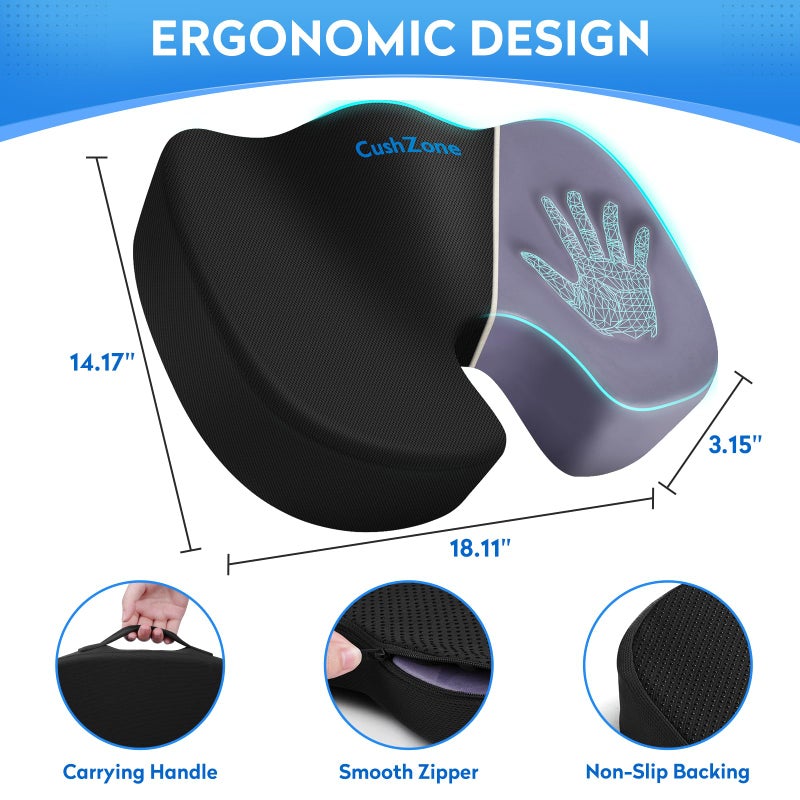 CushZone Seat Cushion - Memory Foam Office Chair Cushion for Sciatica, Tailbone & Back Pain Relief - Orthopedic Coccyx Pillow for Car, Airplane, Pregnancy & Long Sitting at Work, Black - Image 4