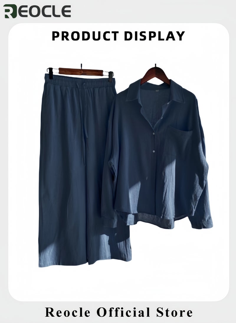 REOCLE Women's 2 PCS Cotton Linen Set Comfortable and Breathable Retro Outfits Button Down Long Sleeve Shirt and High Waist Wide Leg Pants Set - Image 2