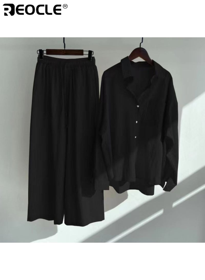 REOCLE Women's 2 PCS Cotton Linen Set Comfortable and Breathable Retro Outfits Button Down Long Sleeve Shirt and High Waist Wide Leg Pants Set - Image 1