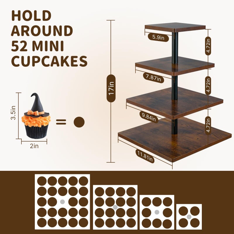 NANXITU 4 Tier Cupcake Stand for 50 Cupcakes,360 Rotatable Wooden Cake Dessert Tower Holder,Rustic Square Tiered Tray Serving Display for Wedding Birthday Baby Shower Tea Party - Image 4