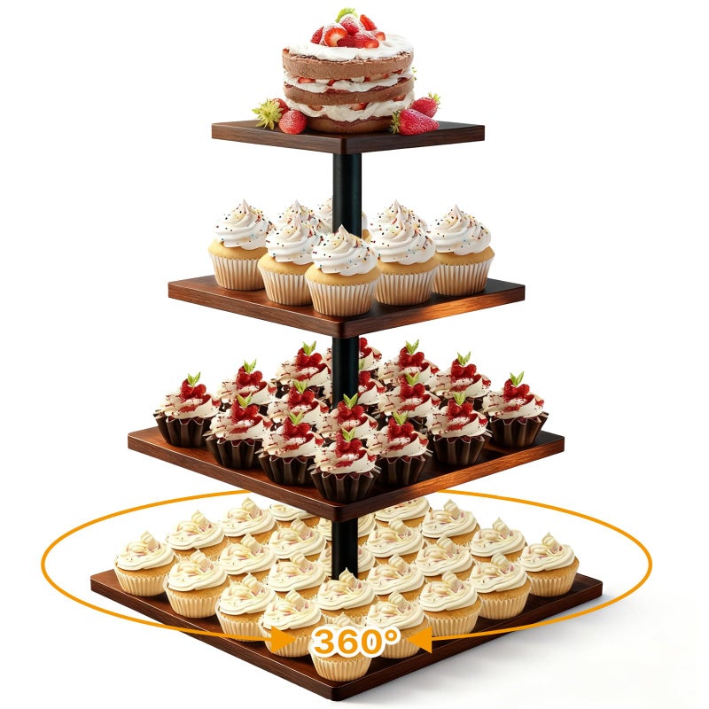 NANXITU 4 Tier Cupcake Stand for 50 Cupcakes,360 Rotatable Wooden Cake Dessert Tower Holder,Rustic Square Tiered Tray Serving Display for Wedding Birthday Baby Shower Tea Party - Image 1