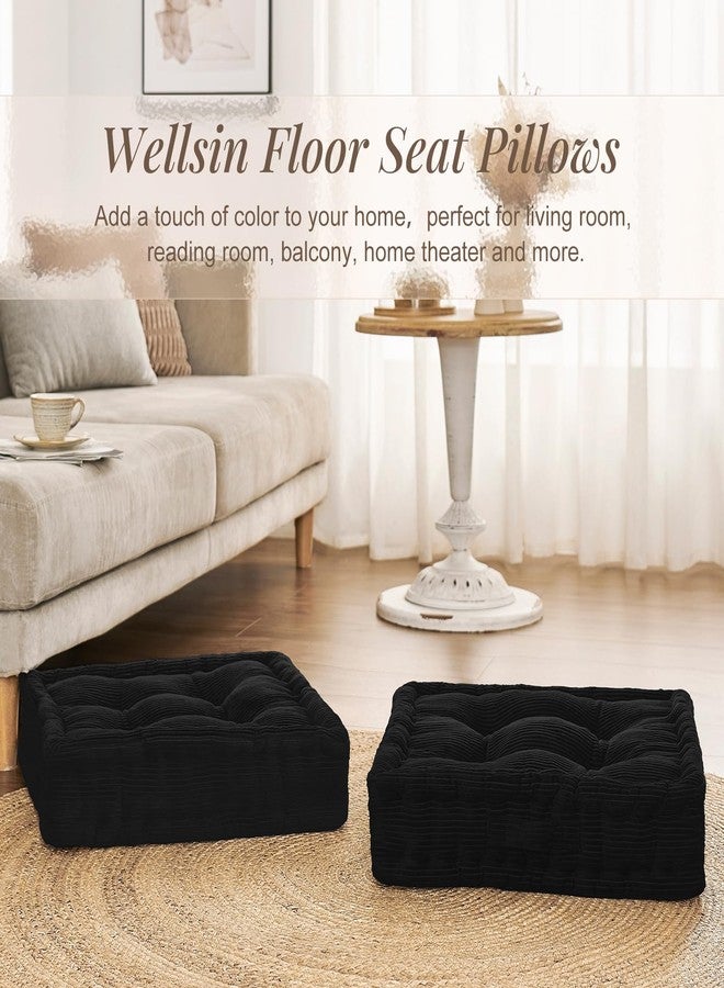 Wellsin Square Floor Pillows for Adults Kids - Meditation Floor Pillow Seating Cushion - Tufted Floor Cushion with Shredded Foam & Velvet Cover, 2 Pack, 20x20 Inch, Black - Image 3
