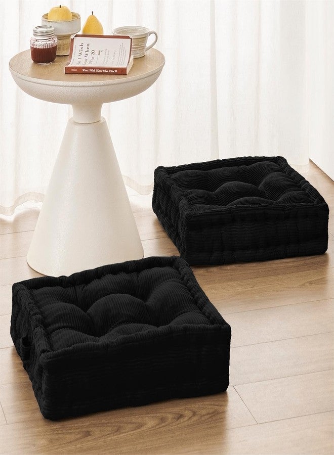 Wellsin Square Floor Pillows for Adults Kids - Meditation Floor Pillow Seating Cushion - Tufted Floor Cushion with Shredded Foam & Velvet Cover, 2 Pack, 20x20 Inch, Black - Image 1