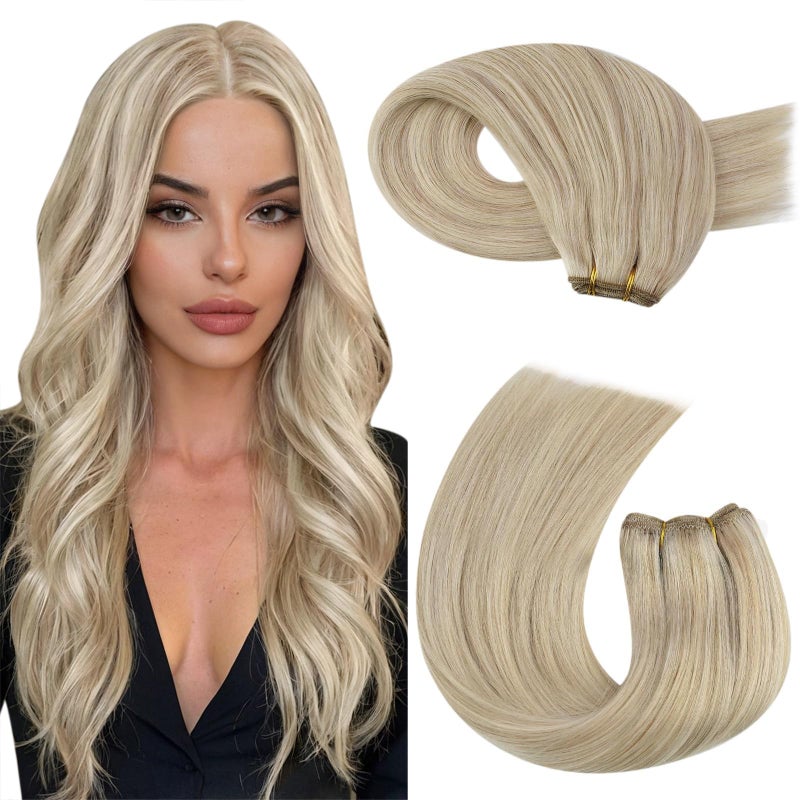 Moresoo Sew in Hair Extensions Real Human Hair Remy Straight Weft Hair Extensions Human Hair Ash Blonde Highight 100G 16Inch