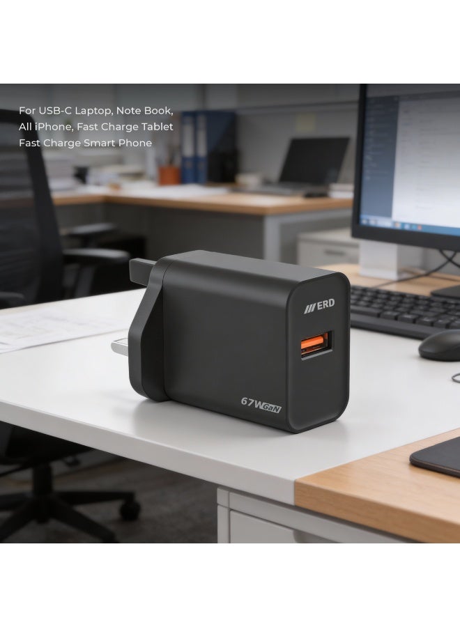 ERD شاحن سريع ERD 67W بتقنية GaN مع كابل USB-A إلى USB-C | تقنية نيتريد الغاليوم عالية الكفاءة | توافق عالمي مع MacBook Air و iPhone 15/14/13 Pro Max و iPad و Samsung Galaxy | محول سفر فائق الصغر مع حماية متعددة الطبقات (أسود) - Image 4