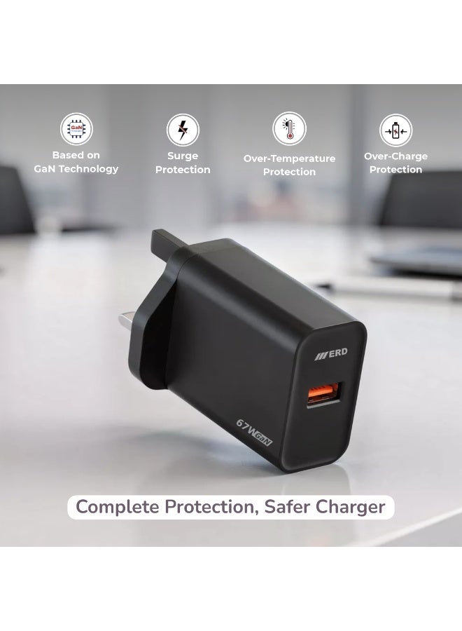 ERD شاحن سريع ERD 67W بتقنية GaN مع كابل USB-A إلى USB-C | تقنية نيتريد الغاليوم عالية الكفاءة | توافق عالمي مع MacBook Air و iPhone 15/14/13 Pro Max و iPad و Samsung Galaxy | محول سفر فائق الصغر مع حماية متعددة الطبقات (أسود) - Image 3