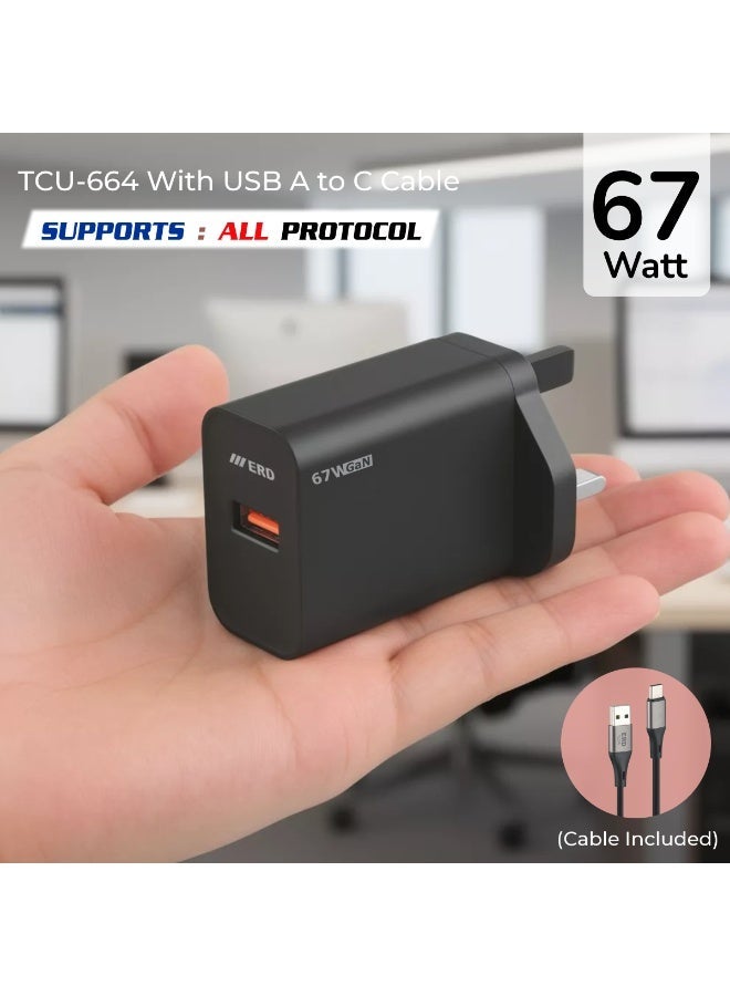 ERD شاحن سريع ERD 67W بتقنية GaN مع كابل USB-A إلى USB-C | تقنية نيتريد الغاليوم عالية الكفاءة | توافق عالمي مع MacBook Air و iPhone 15/14/13 Pro Max و iPad و Samsung Galaxy | محول سفر فائق الصغر مع حماية متعددة الطبقات (أسود) - Image 1