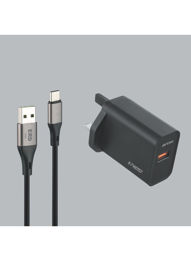 ERD شاحن سريع ERD 67W بتقنية GaN مع كابل USB-A إلى USB-C | تقنية نيتريد الغاليوم عالية الكفاءة | توافق عالمي مع MacBook Air و iPhone 15/14/13 Pro Max و iPad و Samsung Galaxy | محول سفر فائق الصغر مع حماية متعددة الطبقات (أسود) - Image 2