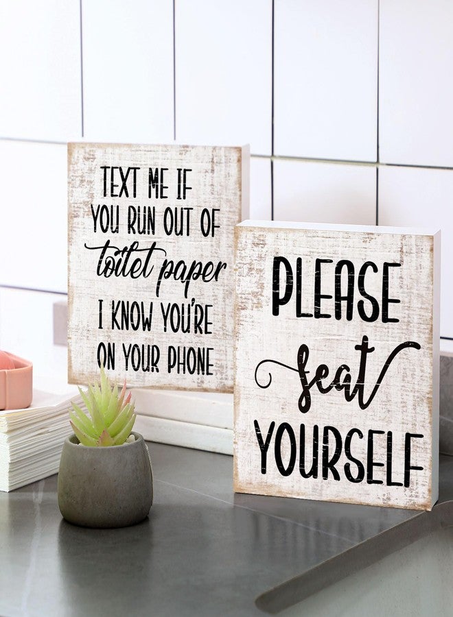 جيتك لوحة خشبية لتزيين حمام ريفي من قطعتين من Jetec، لوحة جدارية مرحة للحمام، لوحة خشبية ريفية للحمام، من فضلك اجلس بنفسك، ديكور حمام منزلي (أصفر) - Image 1