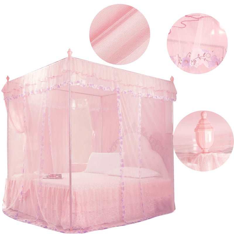 Luxury Princess 3 Side Openings Post Bed Curtain Canopy Netting Mosquito Net Bedding (Pink M) - Image 5
