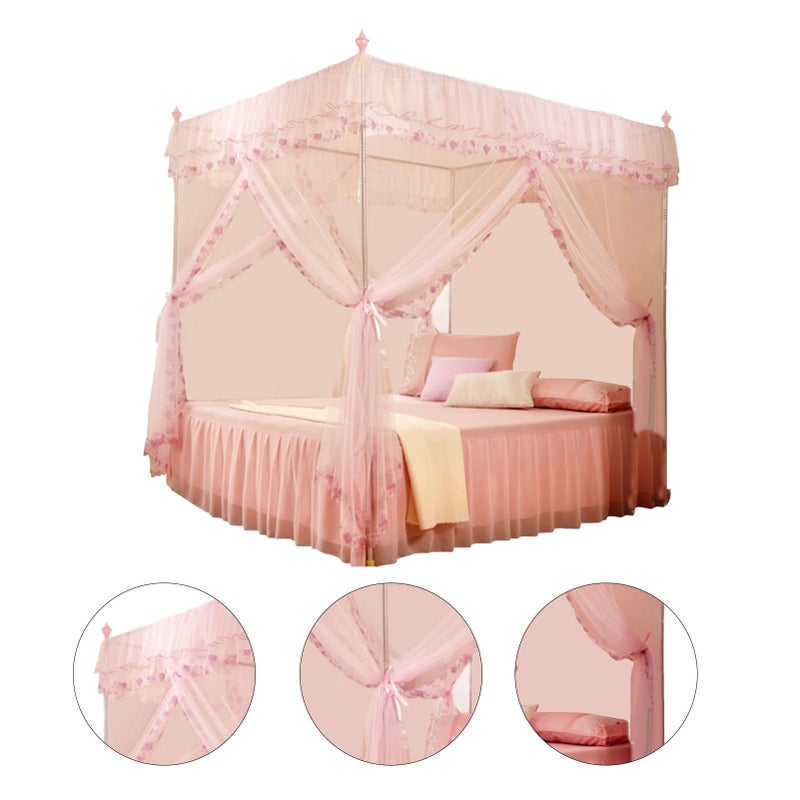 Luxury Princess 3 Side Openings Post Bed Curtain Canopy Netting Mosquito Net Bedding (Pink M) - Image 1