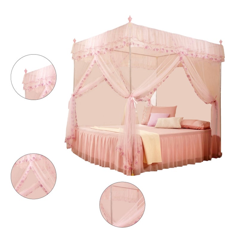 Luxury Princess 3 Side Openings Post Bed Curtain Canopy Netting Mosquito Net Bedding (Pink M) - Image 4