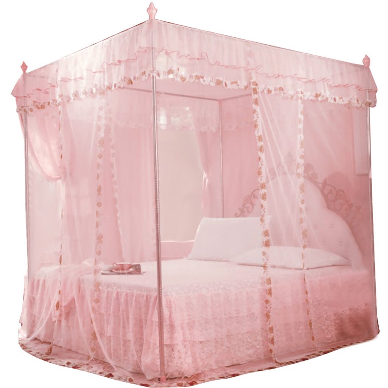 Luxury Princess 3 Side Openings Post Bed Curtain Canopy Netting Mosquito Net Bedding (Pink M) - Image 3