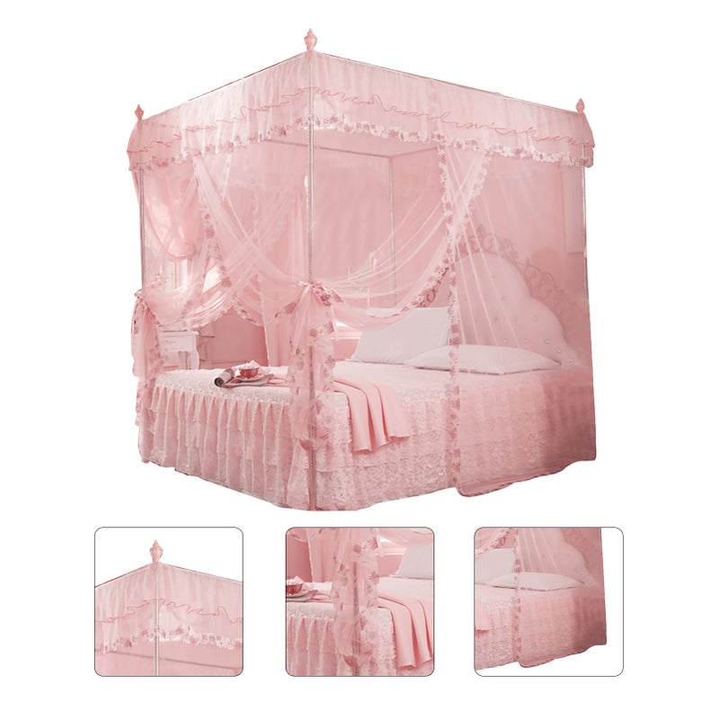 Luxury Princess 3 Side Openings Post Bed Curtain Canopy Netting Mosquito Net Bedding (Pink M) - Image 2