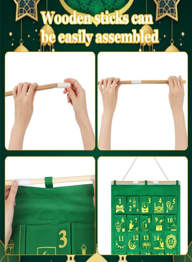 هواف تقويم العد التنازلي لرمضان من هواف، مزود بـ 30 جيبًا - تقويم معلق من القماش الأخضر، مزين بأرقام من 1 إلى 30 مطلية بالذهب ونقوش إسلامية، هدية عيد للأطفال، ديكور رمضاني للمسلمين، 30 يومًا لمراحل القمر - Image 4