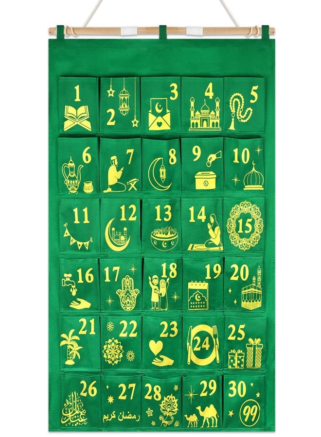 هواف تقويم العد التنازلي لرمضان من هواف، مزود بـ 30 جيبًا - تقويم معلق من القماش الأخضر، مزين بأرقام من 1 إلى 30 مطلية بالذهب ونقوش إسلامية، هدية عيد للأطفال، ديكور رمضاني للمسلمين، 30 يومًا لمراحل القمر - Image 1