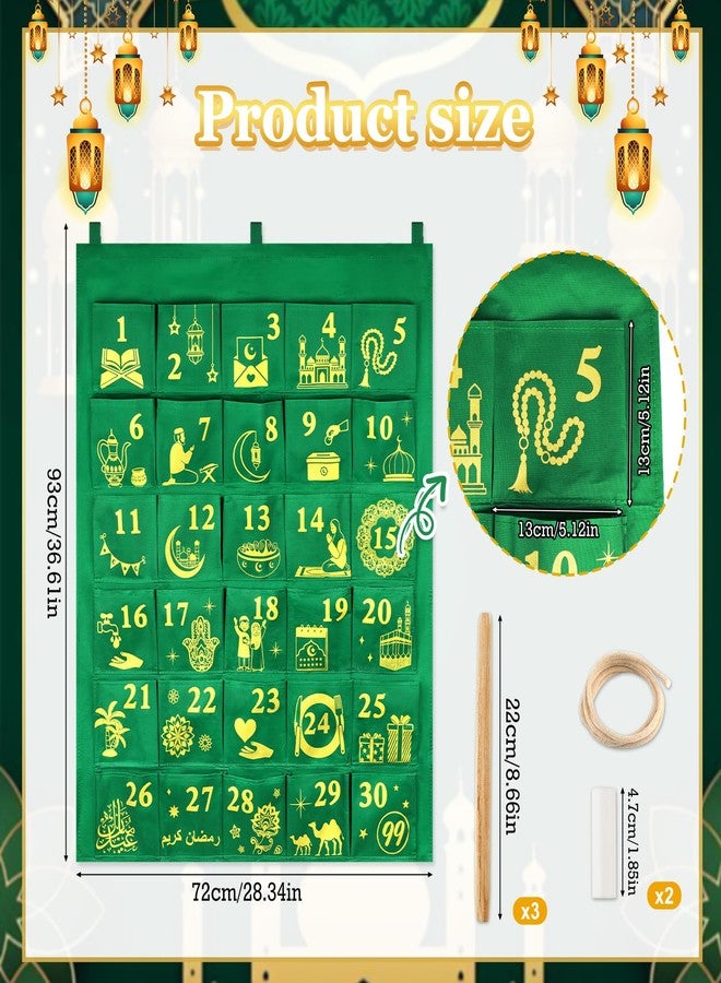 هواف تقويم العد التنازلي لرمضان من هواف، مزود بـ 30 جيبًا - تقويم معلق من القماش الأخضر، مزين بأرقام من 1 إلى 30 مطلية بالذهب ونقوش إسلامية، هدية عيد للأطفال، ديكور رمضاني للمسلمين، 30 يومًا لمراحل القمر - Image 2