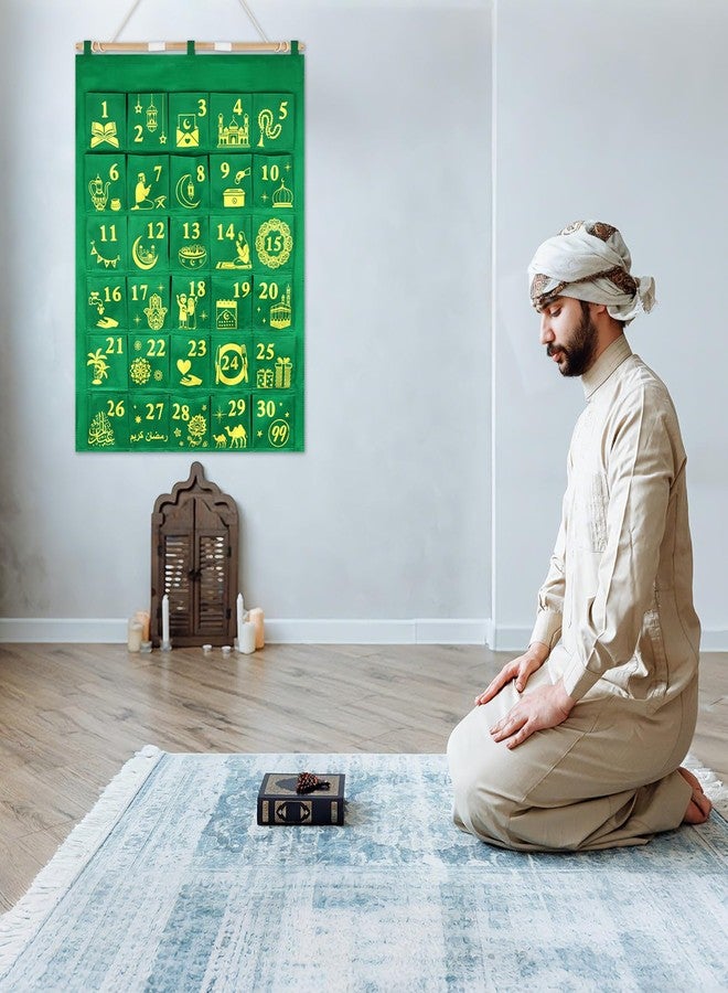 هواف تقويم العد التنازلي لرمضان من هواف، مزود بـ 30 جيبًا - تقويم معلق من القماش الأخضر، مزين بأرقام من 1 إلى 30 مطلية بالذهب ونقوش إسلامية، هدية عيد للأطفال، ديكور رمضاني للمسلمين، 30 يومًا لمراحل القمر - Image 5