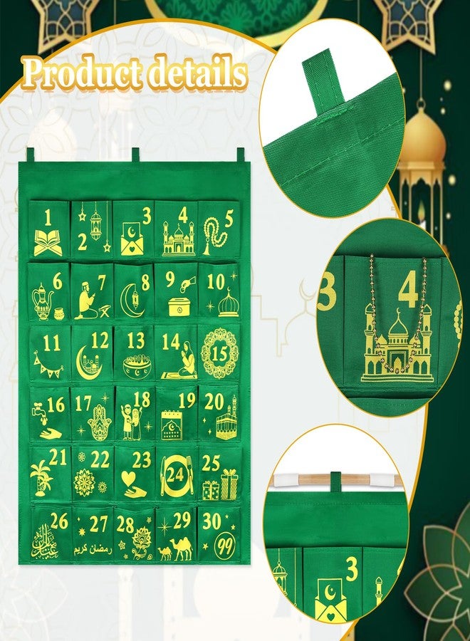 هواف تقويم العد التنازلي لرمضان من هواف، مزود بـ 30 جيبًا - تقويم معلق من القماش الأخضر، مزين بأرقام من 1 إلى 30 مطلية بالذهب ونقوش إسلامية، هدية عيد للأطفال، ديكور رمضاني للمسلمين، 30 يومًا لمراحل القمر - Image 3