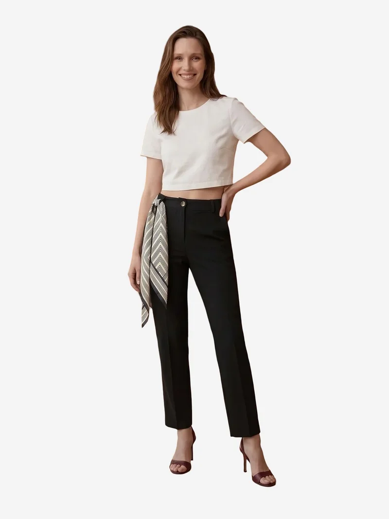 ماي فاشن MY FASHION High-Waist Straight-Leg Crepe Trousers with Belt