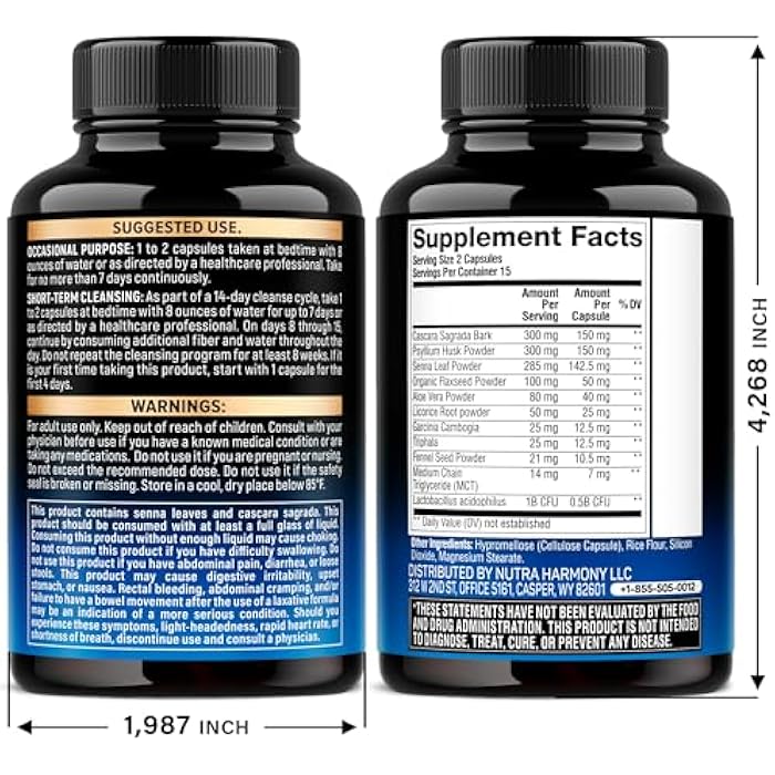 NUTRAHARMONY Colon Cleanse - 15 Day Cleanse for Women & Men - Senna | Cascara | Garcinia Cambogia | Probiotics & Fiber - Digestion & Detox - Debloating & Bowel Movement - Natural & Vegan - Made in USA, 30 Capsules - Image 2