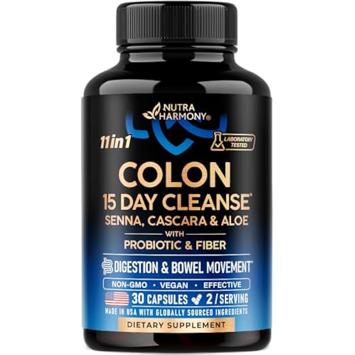 NUTRAHARMONY Colon Cleanse - 15 Day Cleanse for Women & Men - Senna | Cascara | Garcinia Cambogia | Probiotics & Fiber - Digestion & Detox - Debloating & Bowel Movement - Natural & Vegan - Made in USA, 30 Capsules - Image 1