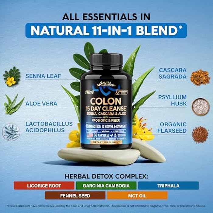 NUTRAHARMONY Colon Cleanse - 15 Day Cleanse for Women & Men - Senna | Cascara | Garcinia Cambogia | Probiotics & Fiber - Digestion & Detox - Debloating & Bowel Movement - Natural & Vegan - Made in USA, 30 Capsules - Image 5