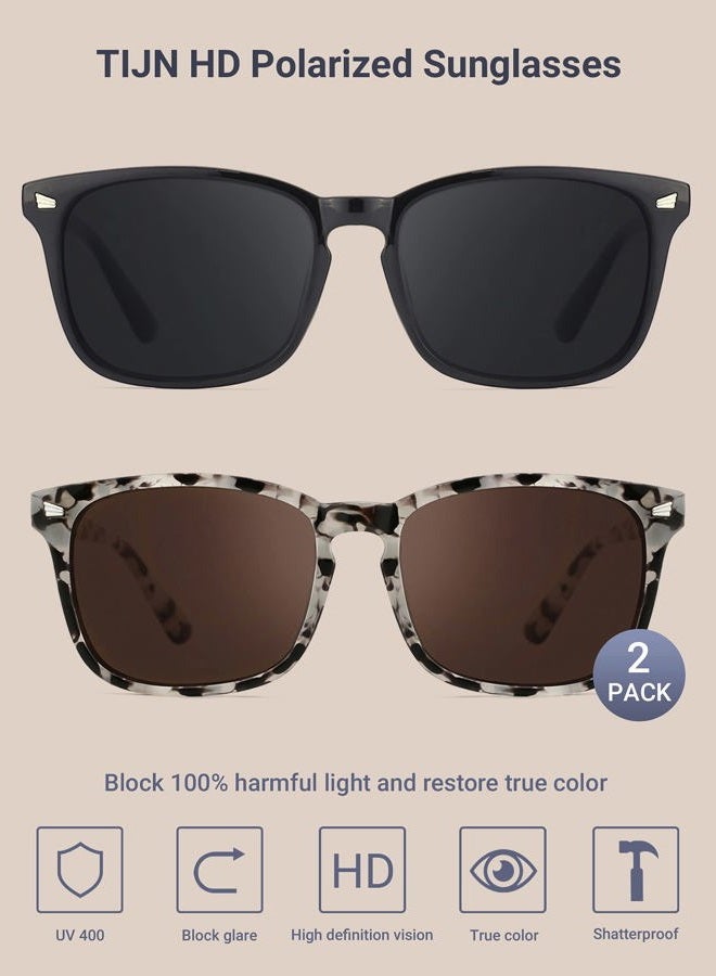 TIJN Square Polarised Sunglasses for Women Men Fishing Driving Sunglasses Lightweight Retro Sun Glass UV 400 Protection, 05-black+tortoise(2pack), L - Image 3