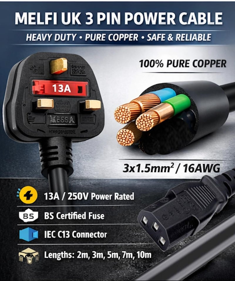 MELFI British Standard Extra Heavy Duty Power Cable Type G Plug to IEC C13, 2 Meter - Image 2
