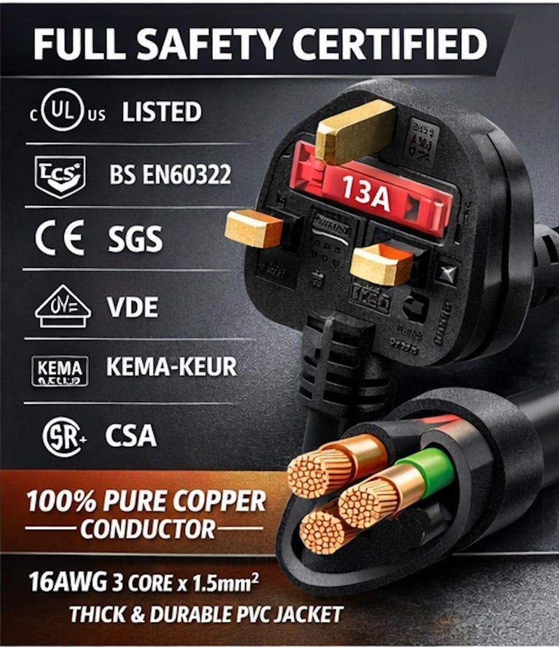 MELFI British Standard Extra Heavy Duty Power Cable Type G Plug to IEC C13, 2 Meter - Image 4