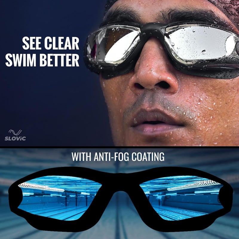 SLOVIC Swimming Goggles & Cap Combo | Anti-Fog Swimming Goggles for Men | Swimming Cap for Men | UV Protected Swimming Goggles for Women with Adjustable Straps | Swimming Accessories [Black+Blue] - Image 3