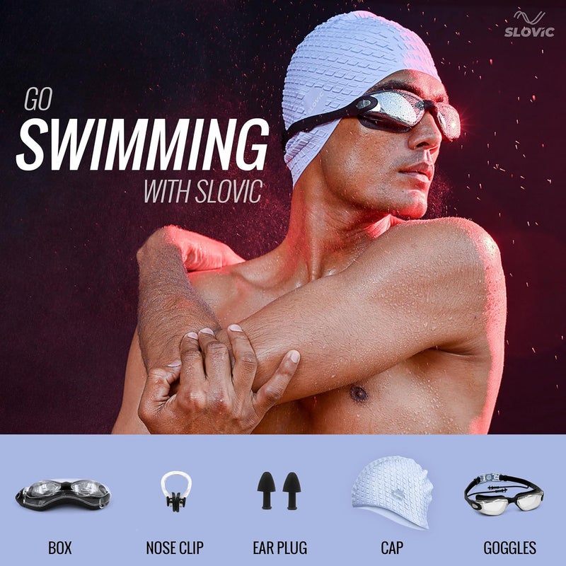 SLOVIC Swimming Goggles & Cap Combo | Anti-Fog Swimming Goggles for Men | Swimming Cap for Men | UV Protected Swimming Goggles for Women with Adjustable Straps | Swimming Accessories [Black+Blue] - Image 4