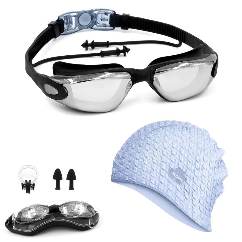 SLOVIC Swimming Goggles & Cap Combo | Anti-Fog Swimming Goggles for Men | Swimming Cap for Men | UV Protected Swimming Goggles for Women with Adjustable Straps | Swimming Accessories [Black+Blue] - Image 1