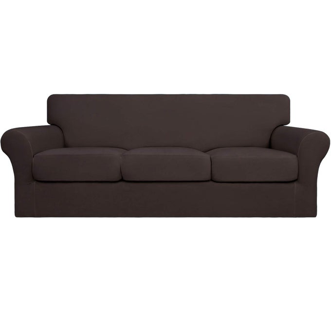 EASYGOING 4 PIECES STRETCH SOFT COUCH COVER FOR DOGS WASHABLE SOFA SLIPCOVER FOR 3 SEPARATE CUSHION COUCH ELASTIC FURNITURE PROTECTOR FOR PETS KIDS SOFA CHOCOLATE