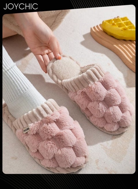 Female Autumn and Winter Home Flat Slippers Cotton Warm Windproof Breathable Anti-slip Bedroom Slippers for Women Pink