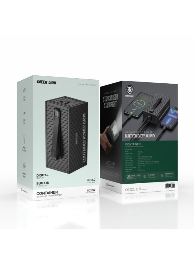 GREEN LION 50000mAh Power Bank PD 20W, Container Power Unit with 4 in 1 Charging Cable / Built In Carry Strap & Flashlight / Geometric Design / Digital Display / ABS Material - Black - Image 4