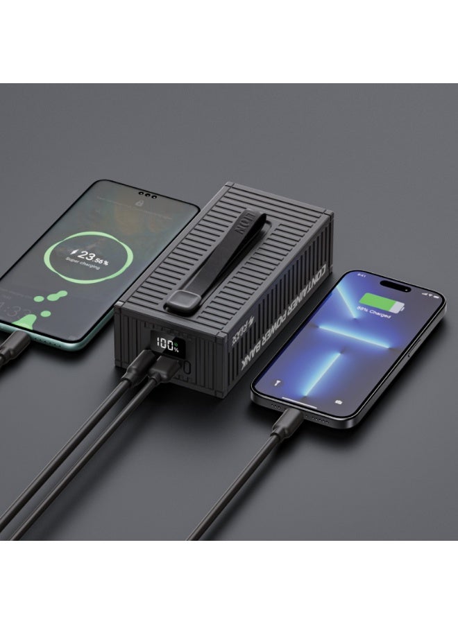 GREEN LION 50000mAh Power Bank PD 20W, Container Power Unit with 4 in 1 Charging Cable / Built In Carry Strap & Flashlight / Geometric Design / Digital Display / ABS Material - Black - Image 3