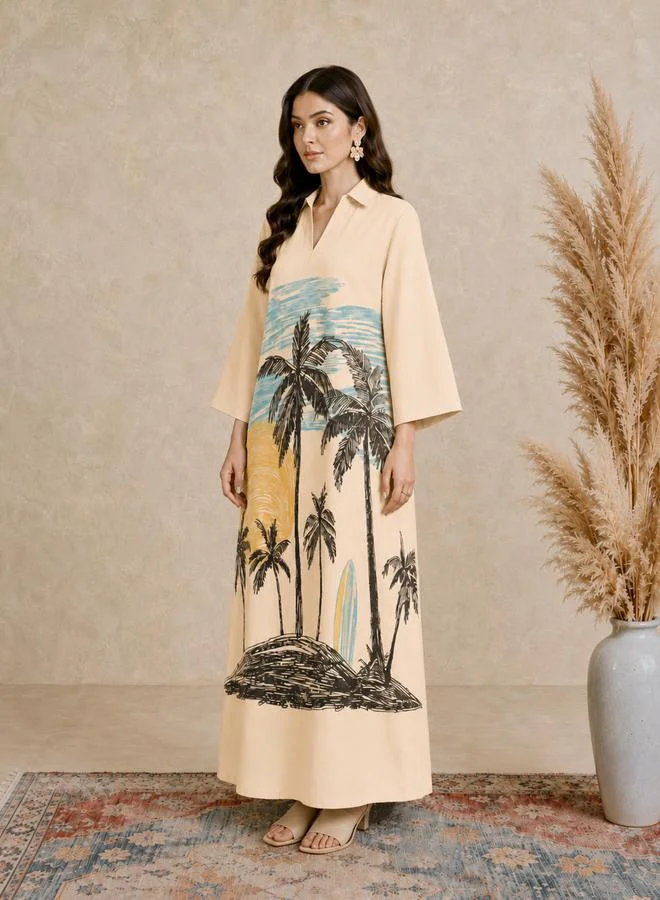 Take Two Beige Tropical Palm Print Open Collar Jalabiya