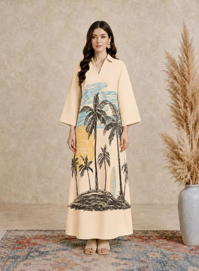 Take Two Beige Tropical Palm Print Open Collar Jalabiya