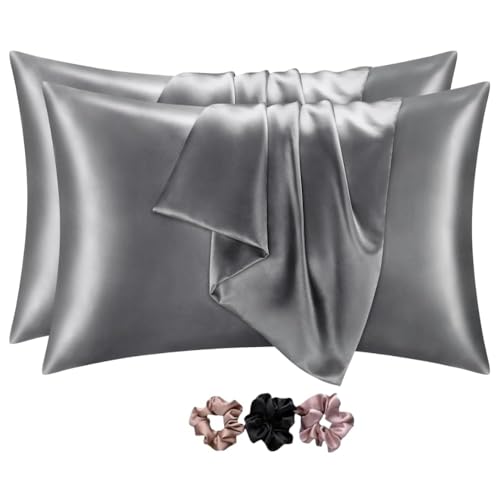 GO WELL Solid Satin Silk Pillow Covers Pack of 2 for Hair and Skin-with Satin Scrunchies |Satin Pillow coves for Hair and Skin|scrunchies for Women 3-Piece|Silk Pillow case (Dark Grey) - Image 1