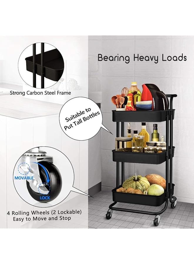 erorex 3 Tier Rolling Storage Cart With Wheels Handle Heavy Duty Mobile Rolling Utility Cart Multifunction Large Storage Shelves Organizer With Mesh Basket For Kitchen Bathroom Bedroom Office Black - Image 2