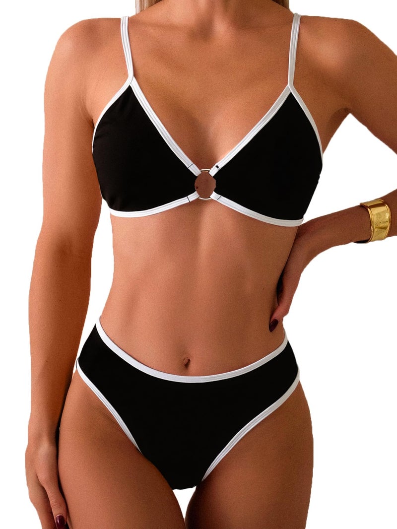 Fanuerg Women's Triangle Bikini Sets O Ring Linked Two Piece Swimsuits Color Block Cheeky Bathing Suit Black White M - Image 1