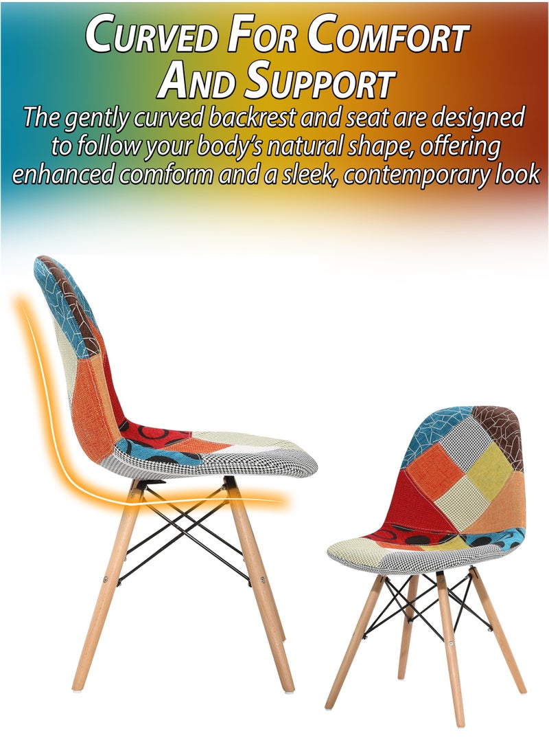 DBLEW - Set of 2 Patchwork Upholstered Accent Chairs with Wooden Legs And Metal Support Mid-Century Modern Multicolor Dining Chairs Linen Fabric for Home, Kitchen, Living Room, Entryway, Study Room, Lounge, Café, Hotel, Restaurant, Balcony, Office Ergonomic Polypropylene Shell, 120kg Load Capacity - Image 1